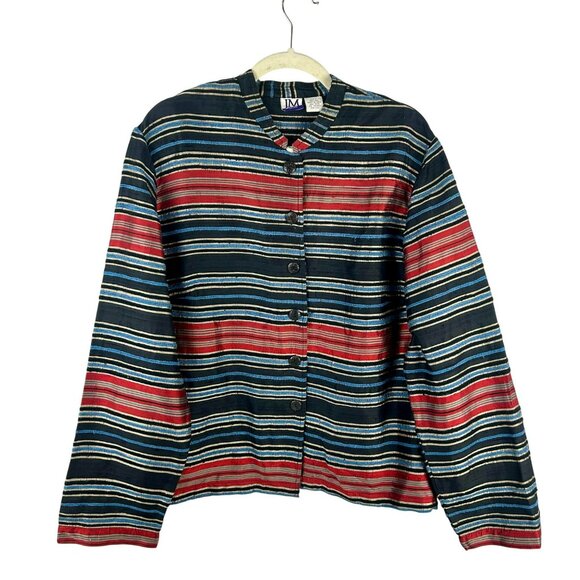 Vintage 90s JM Collection 100% Silk Jacket Women Large Petite Black Red Stripe - Picture 1 of 5